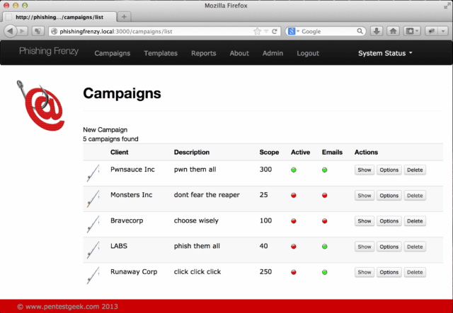 Phishing Frenzy - Manage Phishing Campaigns