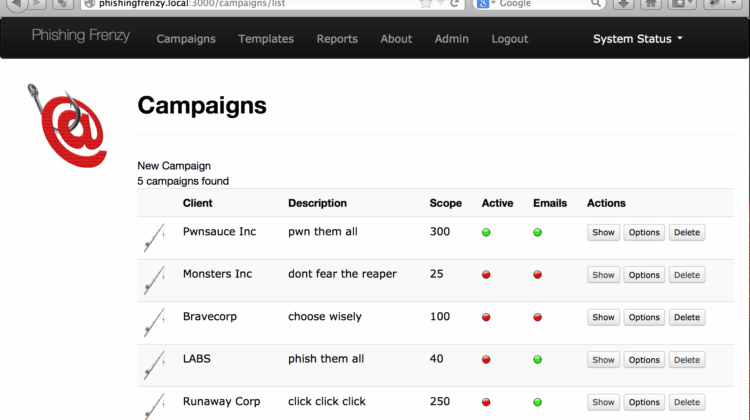 Phishing Frenzy - Manage Phishing Campaigns