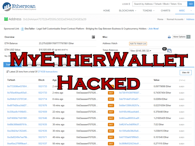 MyEtherWallet DNS Hack Causes 17 Million USD User Loss