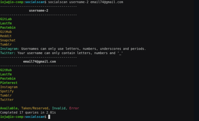 Socialscan - Command-Line Tool To Check For Email And Social Media Username Usage