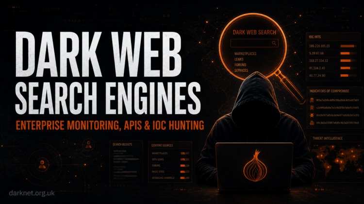 Dark web search engines cover showing onion search, IOC results, threat-intelligence dashboards and enterprise monitoring in Darknet orange.