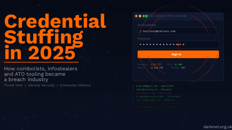 Credential stuffing attack in 2025 — automated login form attack showing combolist attempts, hit rate and stolen credentials