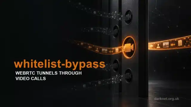 whitelist-bypass — WebRTC Tunnels Through Video Calls, showing one orange media route passing an allowlist gate; darknet.org.uk.