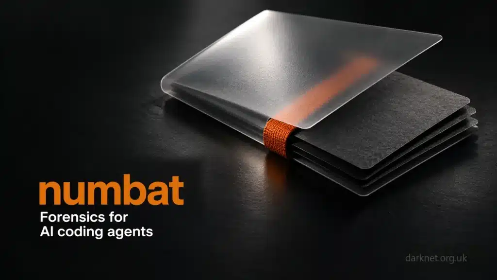 numbat — Forensics for AI coding agents; frosted evidence folio with dark cards, an orange woven strap and darknet.org.uk branding.