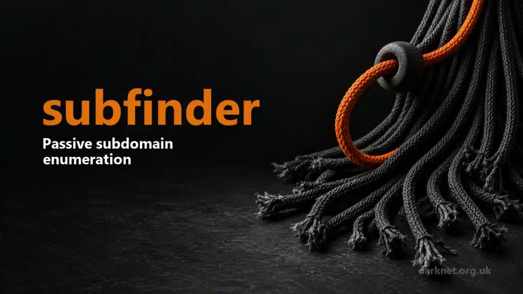 subfinder: Passive subdomain enumeration. An orange cord loops through a dark bead among frayed charcoal ends.